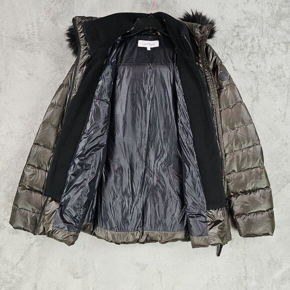 Calvin Klein Duck Down Puffer Jacket Womens Size M Brown Faux Fur Trim Hood - Picture 7 of 10